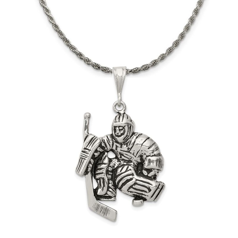 Sterling Silver Antiqued Hockey Goalie Pendant Necklace - 20 Inch